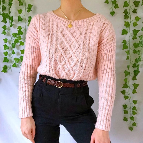 Pastel pink cable knit wool blend sweater - Picture 3 of 4